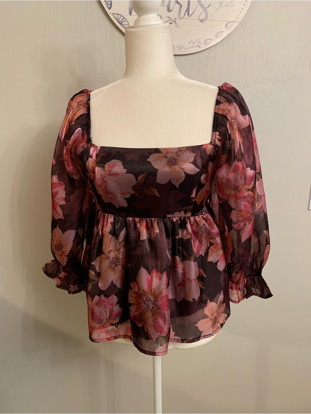 Square-Neck Floral Peplum Blouse in Plum and Pink